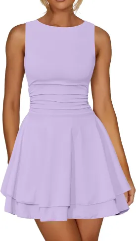 Kaximil Women's Ruffle Hem Boat Neck Mini Dress Sleeveless Ruched Corset Short Party Dresses