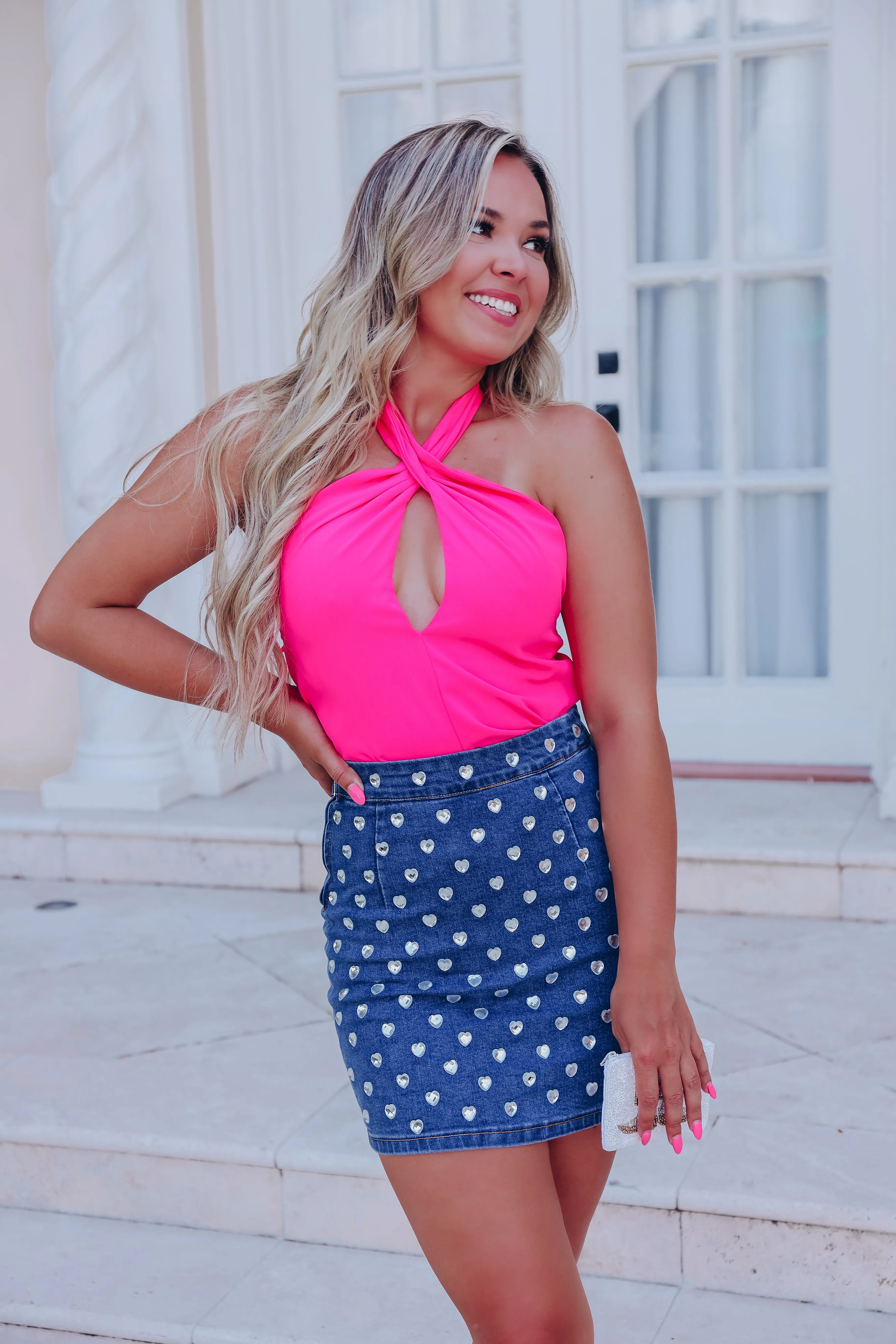 Key Hole Halter Neck Top - Pink