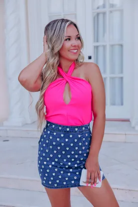 Key Hole Halter Neck Top - Pink