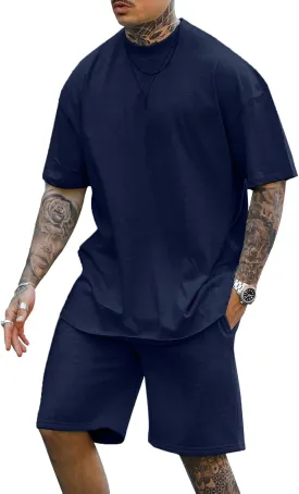 Lexiart Mens 2 Piece Outfits Casual Tracksuit Shorts Summer Sweatsuit Oversize Short Sleeve Sport Set