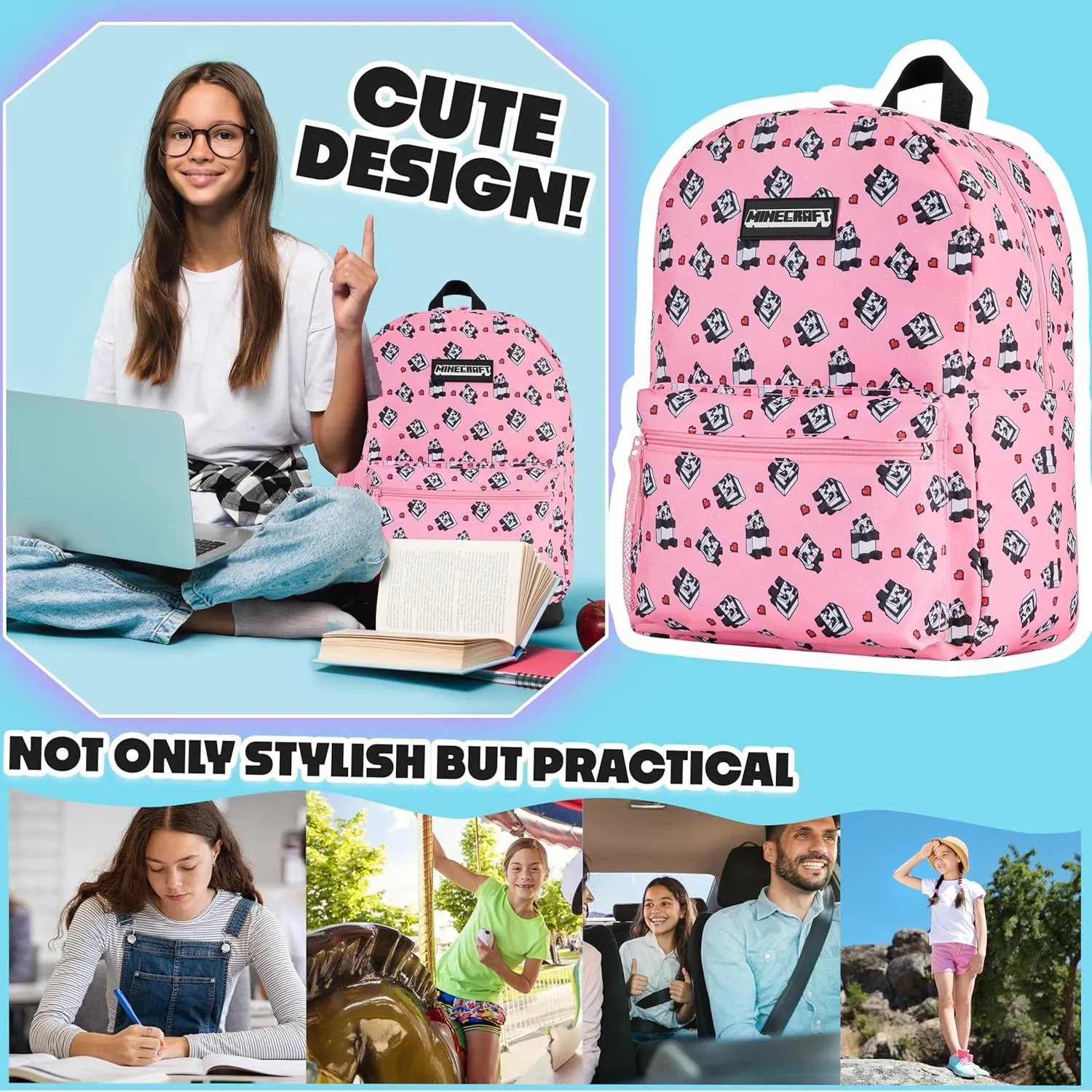 Minecraft Backpack for Boys Kids Teens Adjustable Straps Front Pocket Daypack Backpacks for Sports Gym School Gamer Gifts (Pink)